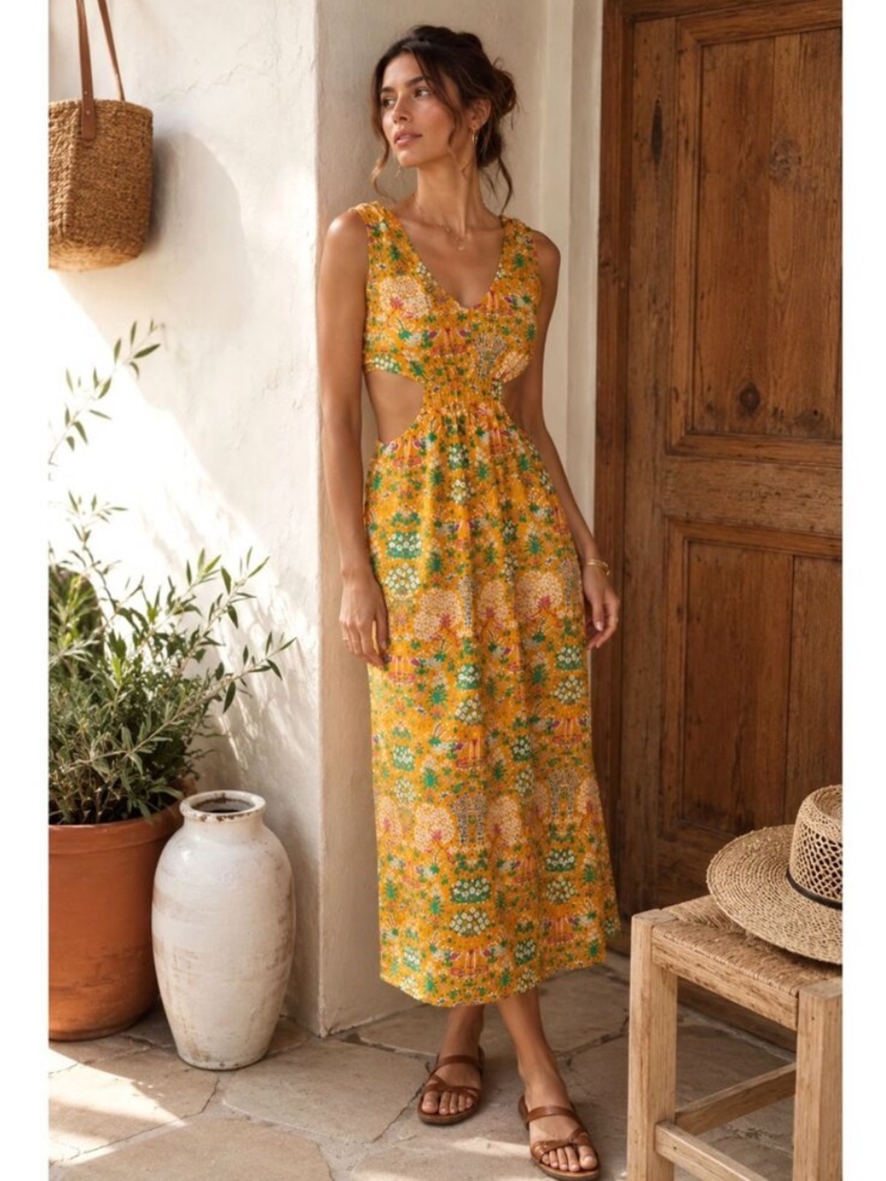 Anthropologie MAEVE Marie Floral Column Dress Maxi suYellow Cut-Outs size M